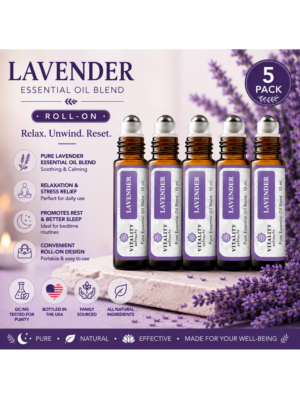 5-Pack Vitality Extracts Lavender Essential Oil Roll On 10mL Pure Blend